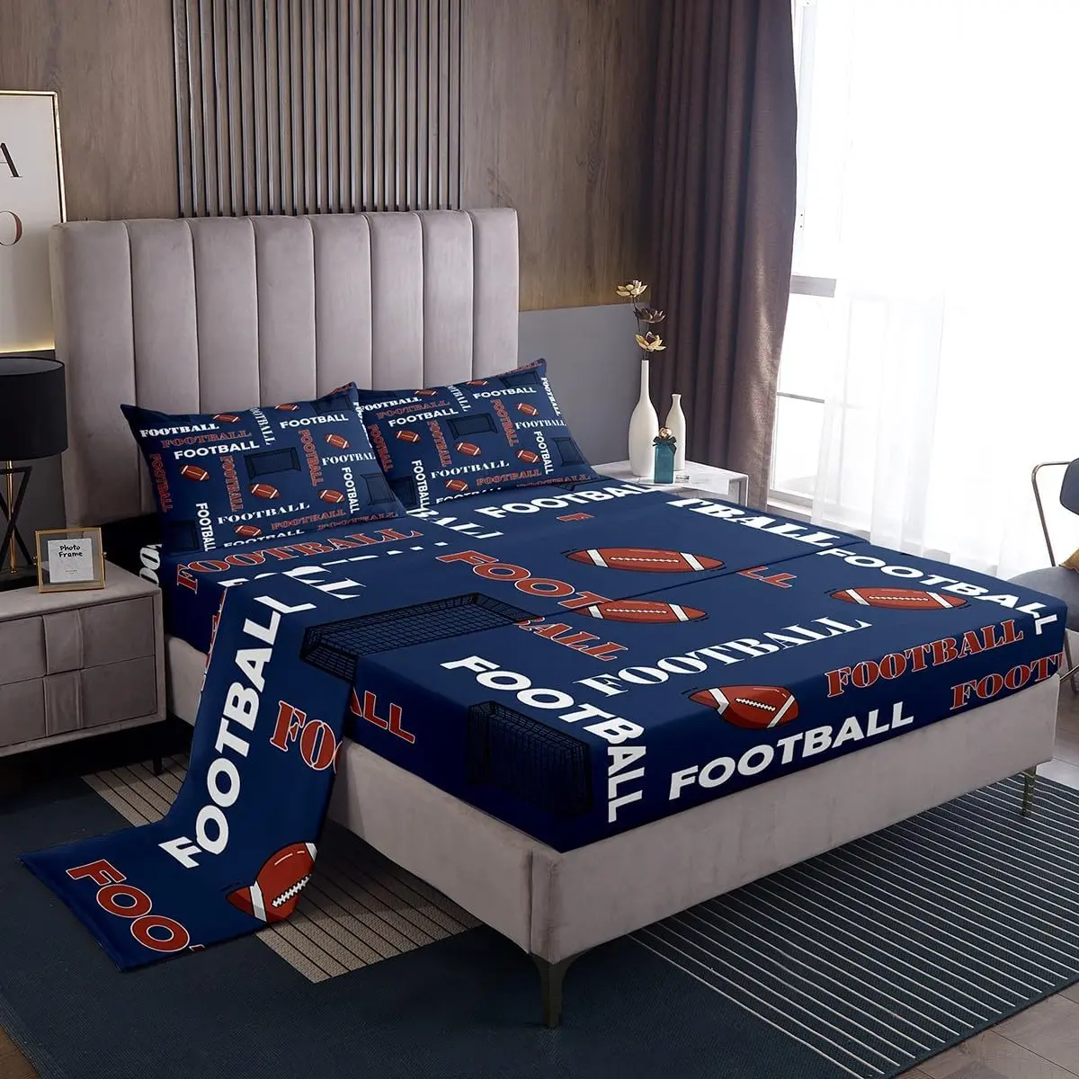 Feelyou Boys Football Microfiber Bedding Set, Soft Breathable Sports American Rugby Print Sheet Set, Blue Fitted Sheets for Teens, Soft Breathable Sheet