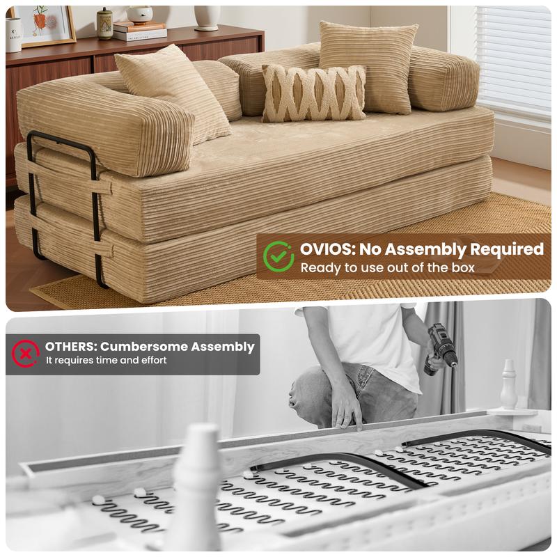 POUUIN 81" Boneless Convertible Sleeper Sofa Bed with Cylindrical Pillow, Ultra-Soft Corduroy Folding Mattress Couch with Fixed-Shape Frame, 5-in-1 Multi-Functional Floor Sofa Lounge Couch, Space‑Saving Folding Sofa Bed for Living Room/Bedroom/Small Space