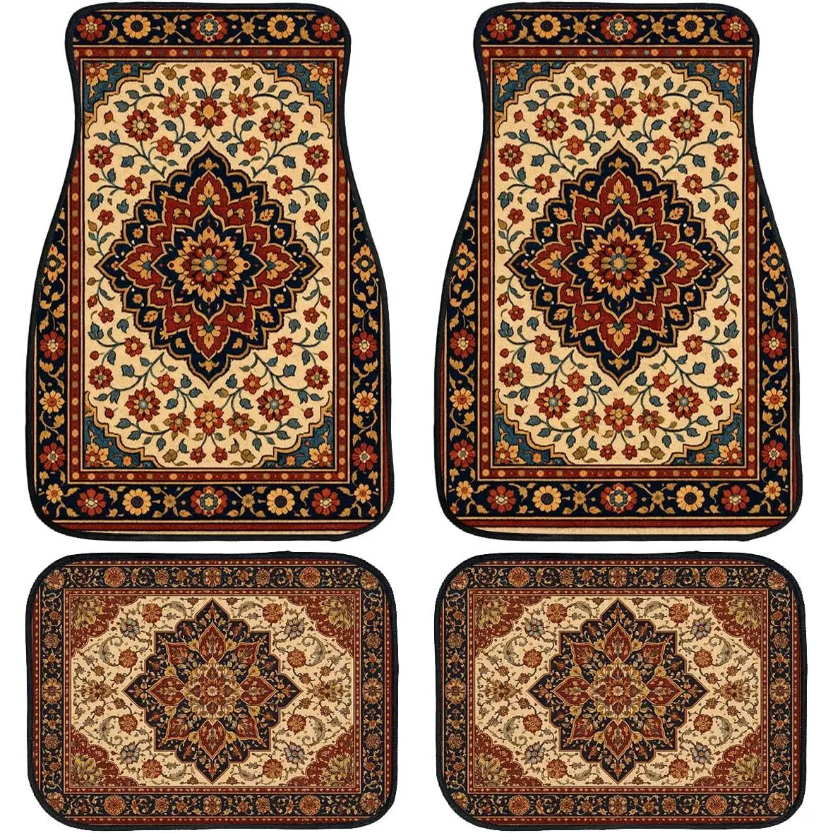 4 Piece Retro Car Floor Mats Full Sets Persian Floral Vintage Oriental Decorative Car Floor Carpets Front Rear Carpets Mat Non-Slip Auto Car Accessories Universal Fit for Car SUV Truck Van