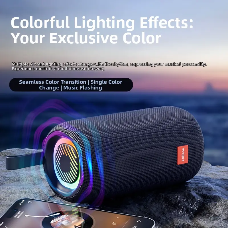 Claison T65 Multifunctional outdoor speaker, IPX6 waterproof rating, RBG multi-color ambient lighting, 3600 mAh battery, portable power bank, supports multi-device connection, suitable for outdoor use, camping