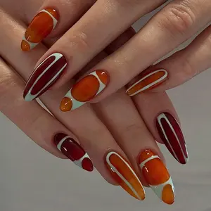 24-Piece Summer Pastel Nail Art Set, Nail Art Supplies, Retro Geometric Pop Caramel 3D Cat Eye Texture, Glue-On, Removable, Wrap Nail Design, Perfect for Daily Commute