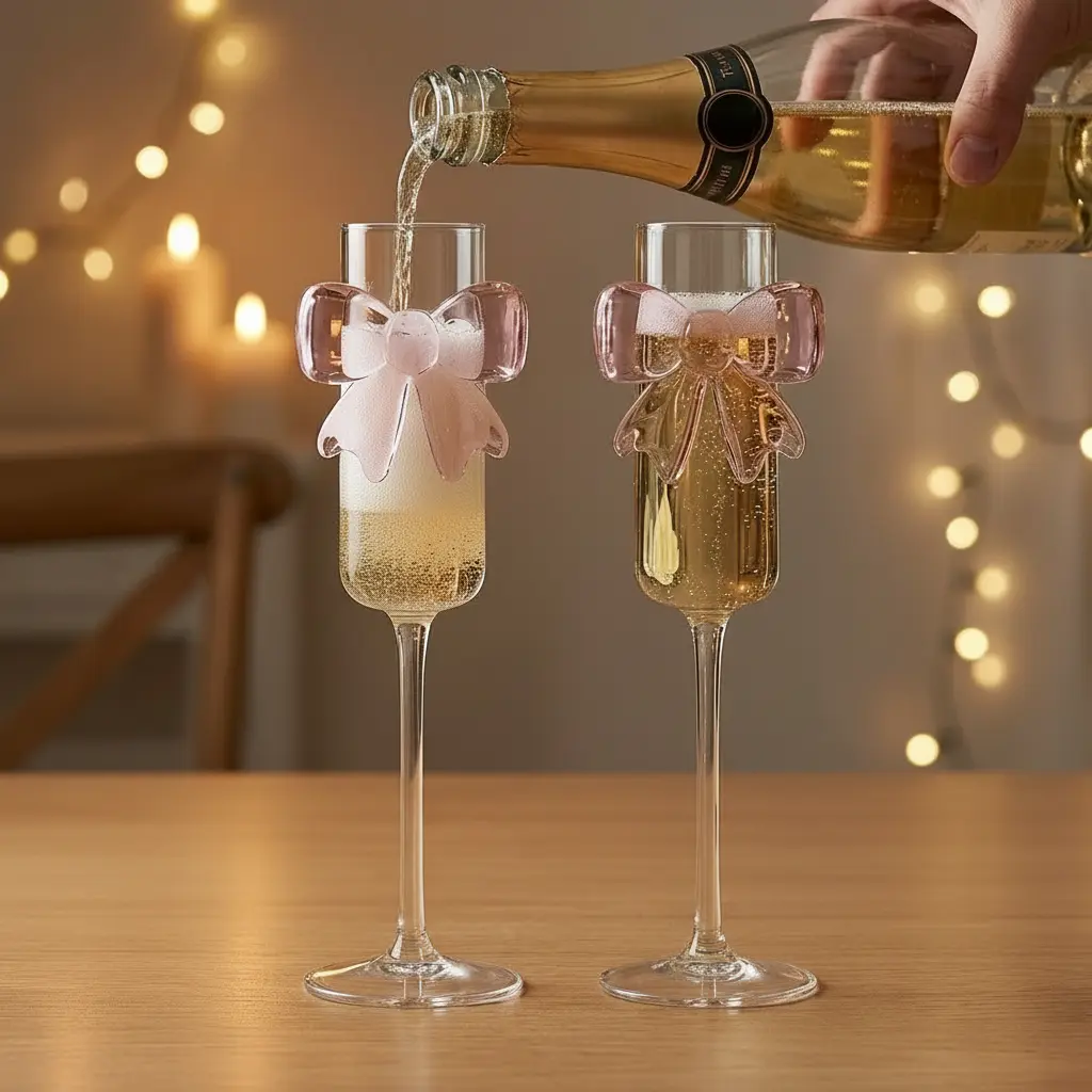 Pink Bow 2-Piece Champagne Wine Glass Set - Transparent Aesthetic High Borosilicate Drinkware, Lightweight & Stylish, Valentine’s Home Festive Party Supplies, Lightweight Drinkware, Stylish Drinkware