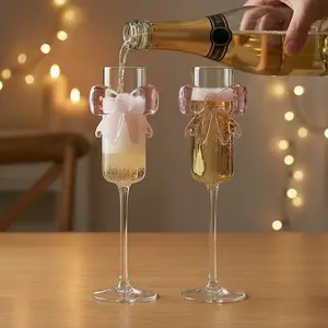Pink Bow Champagne Glass Set (2pcs)  Cute Romantic Valentine’s Wine Glasses Aesthetic High Borosilicate Drinkware