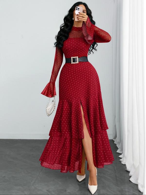 Women's Romantic Polka Dot Split Mesh Patchwork Layered Elegant Flared Skirt Dress, Fitted Style, All Seasons, No Waistband Included Women's Romantic Polka Dot Split Mesh Patchwork Layered Elegant Flared Skirt Dress, Fitted Style, All Seasons, No Waistband Included