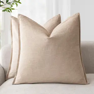 Pack of 2, Decorative Linen Soild Throw Pillow Covers Soft Accent Cushion Case Farmhouse Neutral Pillowcase for Chair Couch Sofa Bedroom Living Room Home Decor 26 x 26 Inch Tan Beige