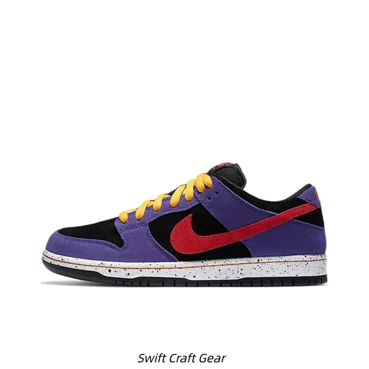Bold Two Tone Purple Black Suede Mix Low Cut Street Skate Sneakers Full Mixed Leather Bright Red Side Accent Vibrant Gold Laces Speckled White Midsole Grey Anti Slip Rubber Outsole All Day Comfort Retro Lifestyle Trainers For Couples