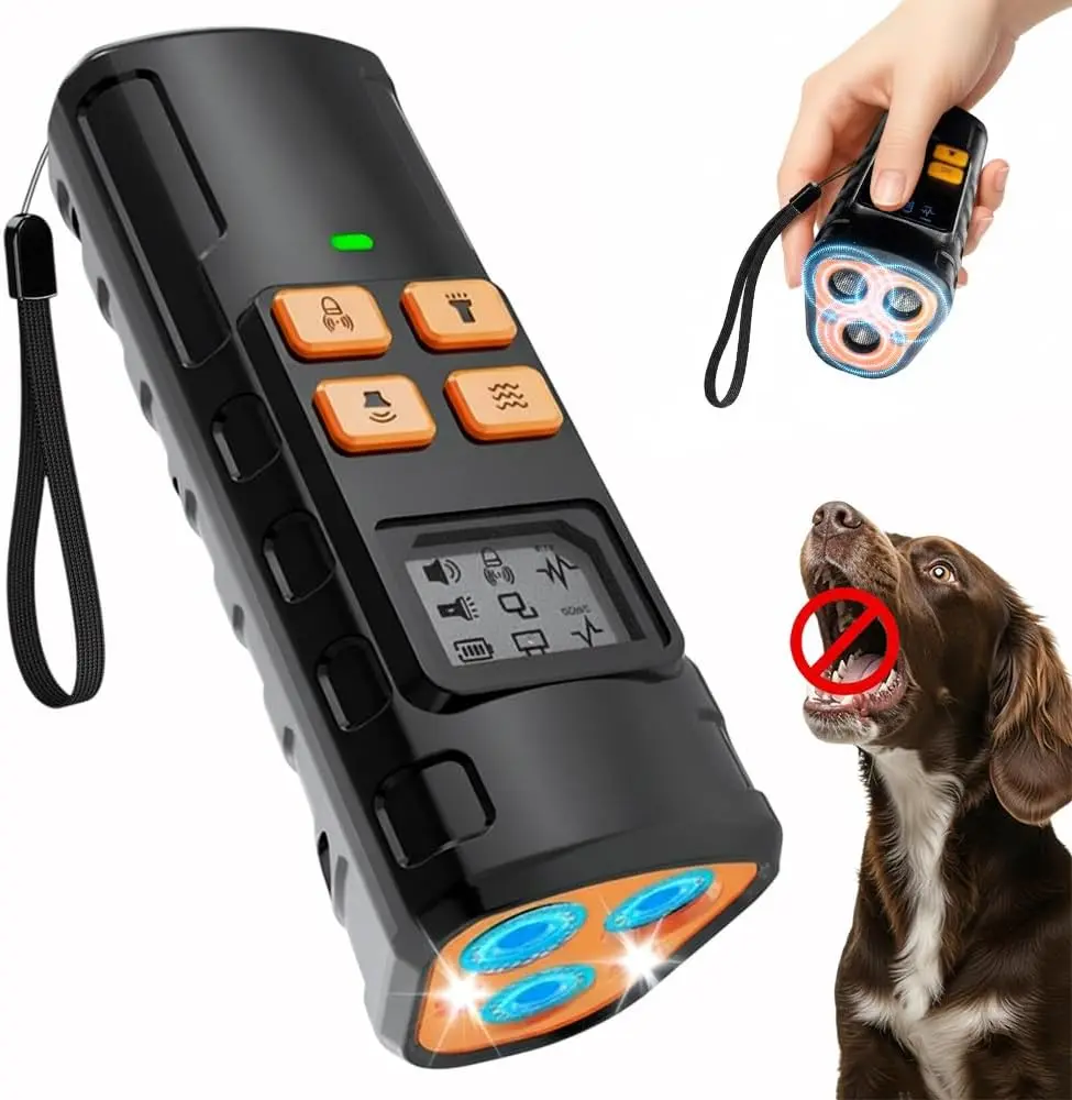 Dog Bark Deterrent Device 4-in-1 Ultrasonic Anti Barking Control, 3X Ultrasonic Power, 6 Training Modes, 60FT Range, Indoor Outdoor, Rechargeable, IPX6 Waterproof, Compact with Flashlight