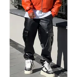 Men's Loose PU Leather Solid Pants With Multi Pockets, Street Style Trousers For Outdoor Activities Gift