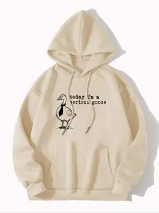 Women's Letter & Goose Print Kangaroo Pocket Hoodie, Fashion Casual Hooded Sweatshirt for Daily Holiday Outdoor Wear, Women Clothing for Fall & Winter