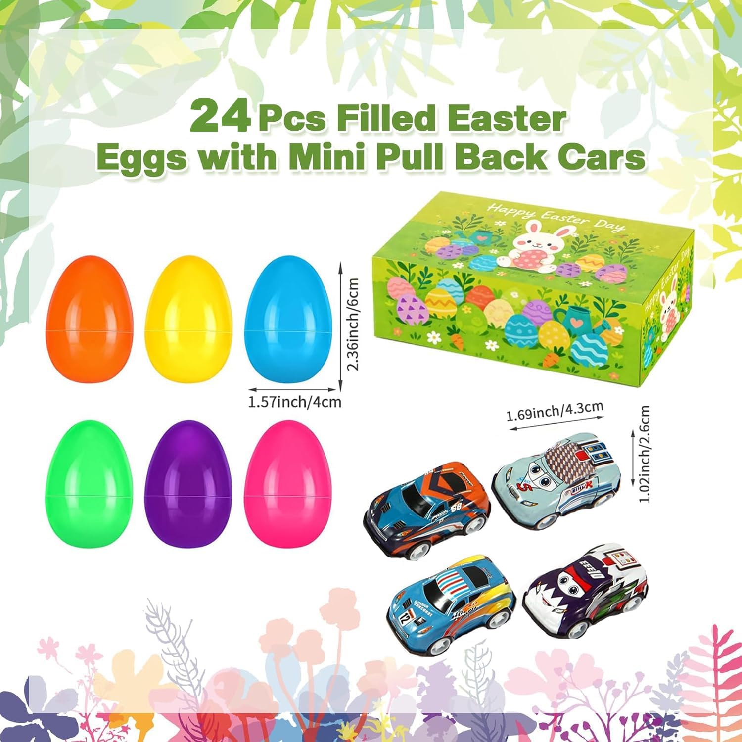24PCS Easter Eggs with Pullback Cars – Colorful Plastic Eggs for Easter Egg Hunt, Party Favors, Basket Fillers for Kids Boys & Girls
