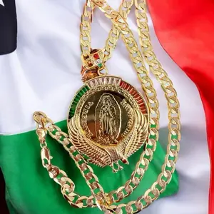 Centenario of the Virgin of Guadalupe and Saint Jude Colors of Mexico 14K Gold Plated Necklace with Eagle Design