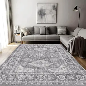 Crystal Velvet Vintage Geometric Pattern Rug, Waterproof, Easy Clean, Soft Comfortable Mat for Doorway, Kitchen, Living Room