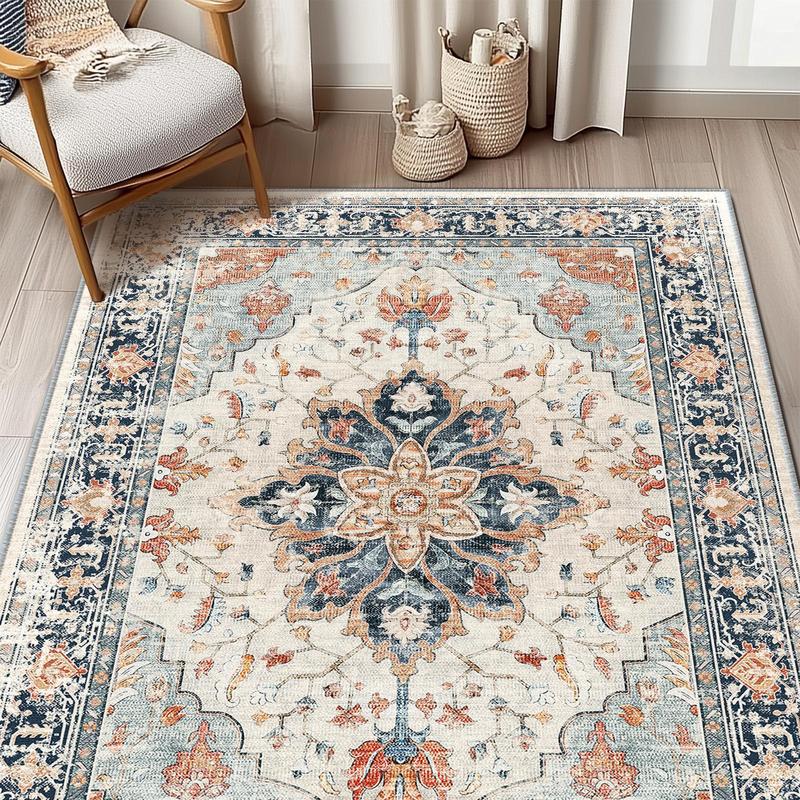BESTSWEETIE Bohemian Style Cozy Area Rug - Machine Washable Soft Faux Wool Non-Slip Distressed Print Lint-Free Dirt Slides Off - Aesthetic Home Decor Living Room Rugs for Bedroom Farmhouse Dorm - Easy Maintenance Various Sizes Colors