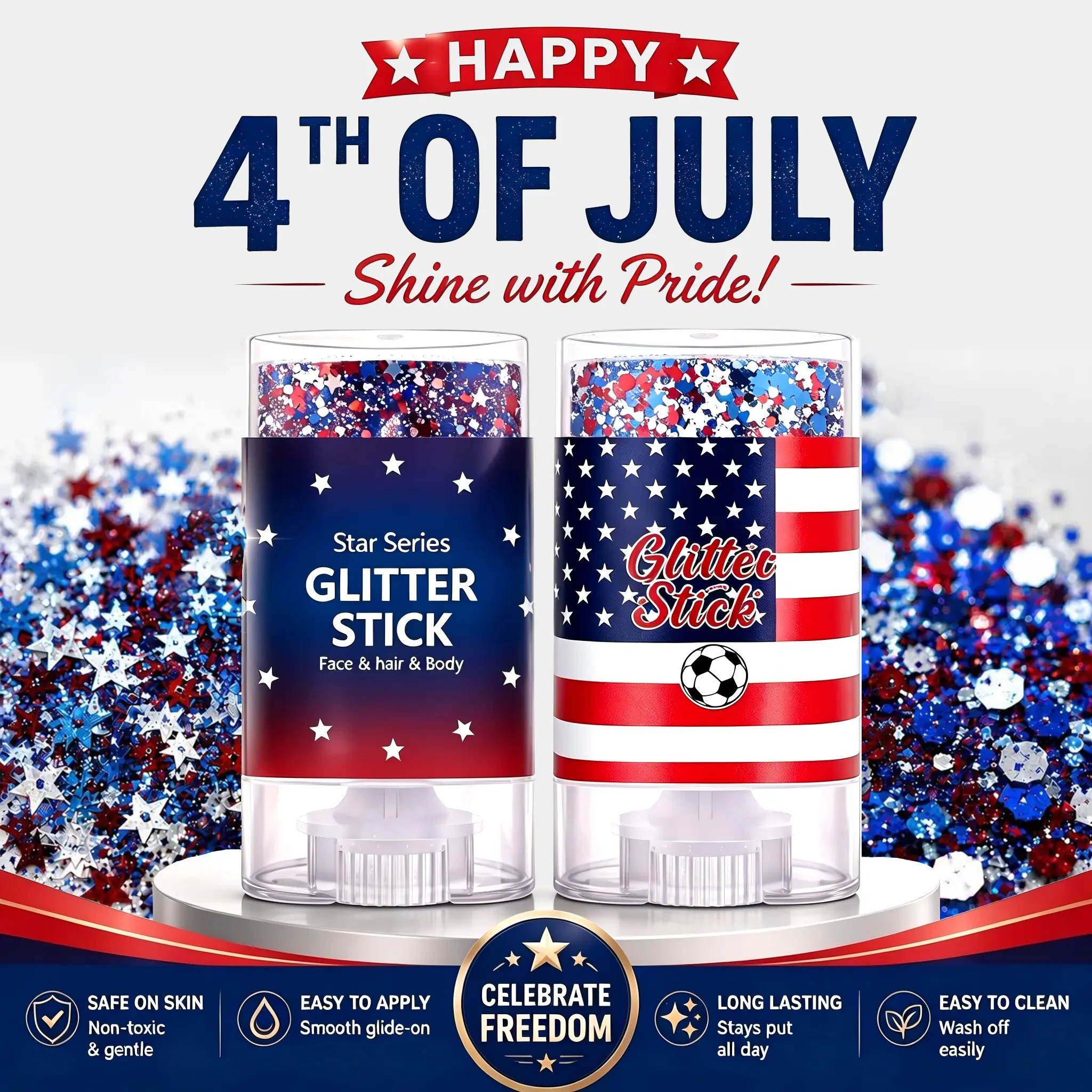 [Limited mid-year steals]Red White and Blue Face Body Glitter Stick, 4th of July Patriotic Accessories Hair Glitter, Shimmery & Long Lasting Face and Body Paint for Festival Makeup Concert Party, Holographic Long Lasting Chunky,Football Game Face Paint Sh