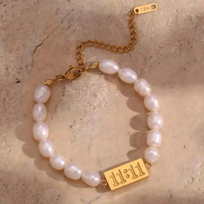 11:11 Beaded Bracelet with White Beads, Gold Chain, and "11:11" engraved tag