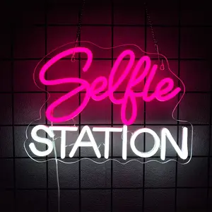 Selfie Here Neon Sign Vibrant Pink Words Light Up Sign for Wall Decor Selfie Led Neon Light for Selfie Station Photo Studio Bedroom Decoration