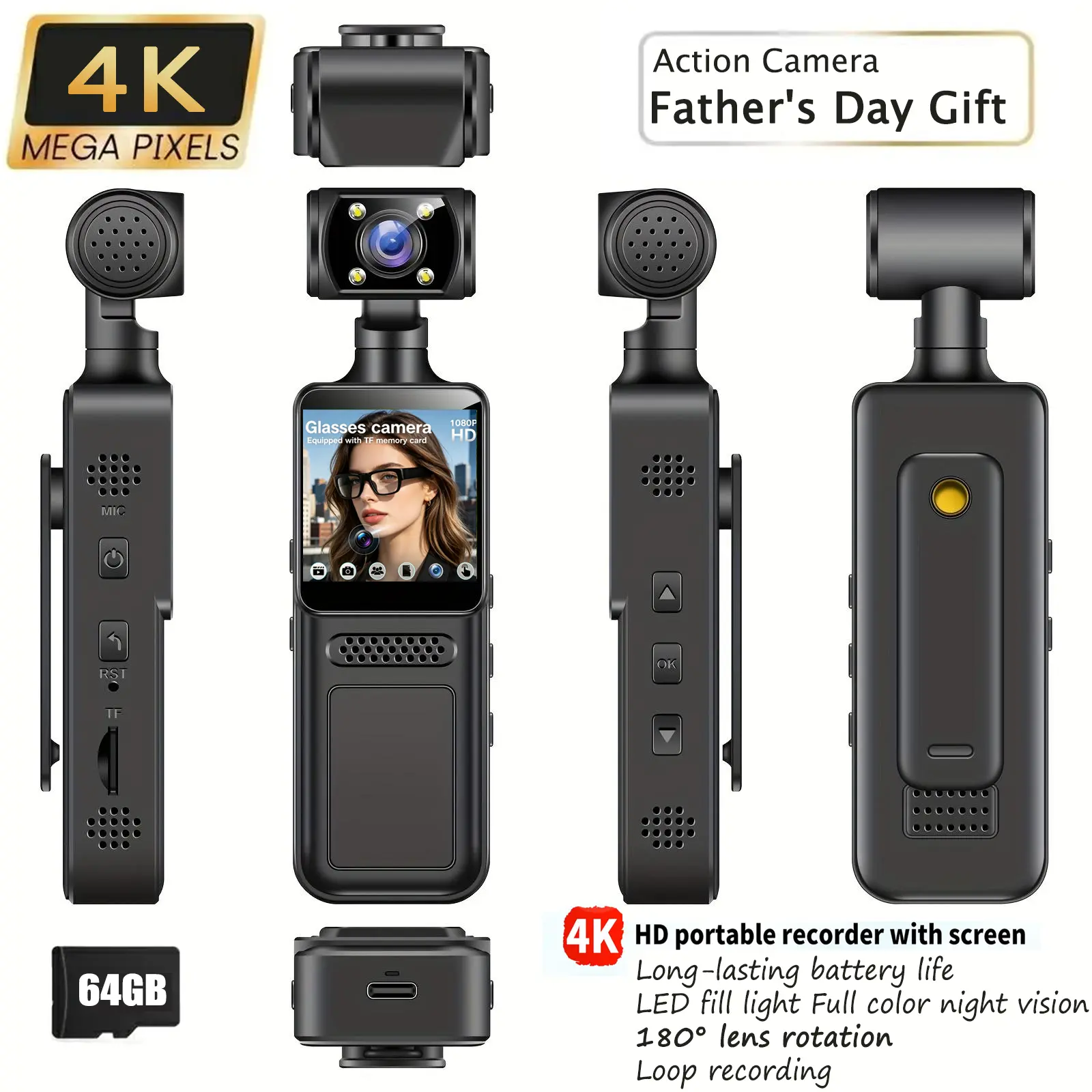 HD Smart Full-Body Action Camera — A Portable, Wearable Vlogging Camera featuring an LED Fill Light, Night Vision, and 180° Rotation. Equipped with a 1.3-inch IPS screen, it is ideal for travel and daily vlogging, making it a perfect Father's Day gift.