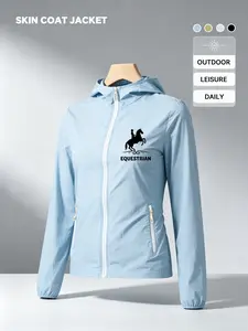 EQUESTRIAN Horse Rider Print Women Summer Hooded Zip Up Skin Coat Jacket Four Colors Optional Soft Skin Friendly Comfortable Loose Breathable Lightweight Fashion Casual Outdoor Camping Hiking Cycling Commuting Daily Travel Vacation Must Have New Arrival T