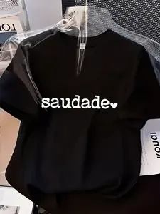 Women's Crew Neck Short Sleeve Tee saudade with Heart Print Multiple Colors Available Oversized Flattering Fit Soft Breathable Cotton Blend Washable No Shrink No Fade All-Season Versatile Base Tee for Commute Date Daily Casual