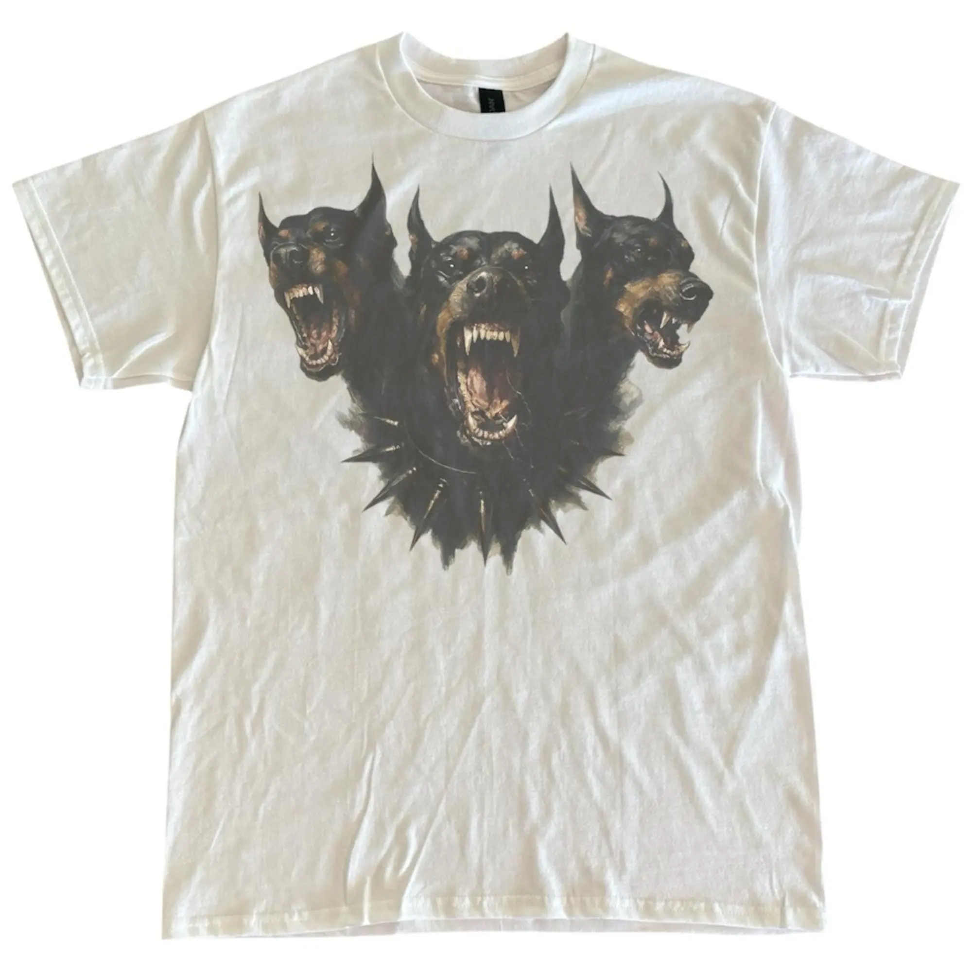 Cerberus Doberman Pinscher Graphic T-Shirt, Three Headed Snarl Growl Dog Painting Wearing Spiked Collar, Unisex Streetwear Tee For Pet Lovers, Dark Mythological Gothic Outfit