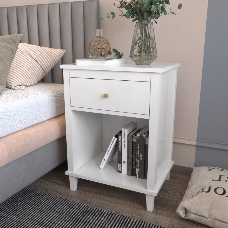 26.77''H Wooden Nightstand Bedside Table, Side Table with One Drawer One Storage Shelf, White