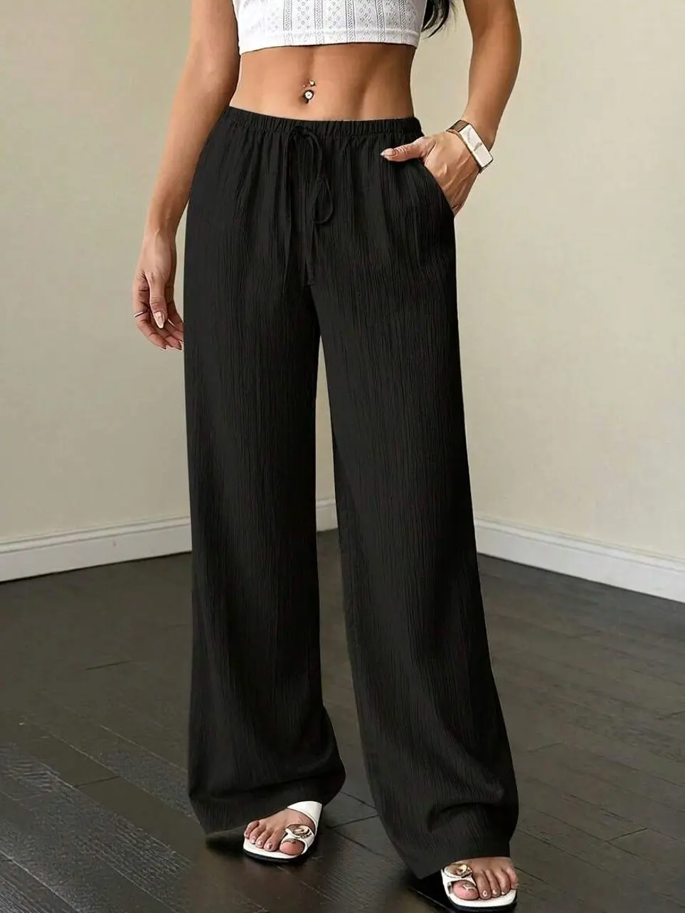 Petite Women's Solid Color Pocket Drawstring Loose Wide Leg Pants Fall Cloth For Women ,Petite Women