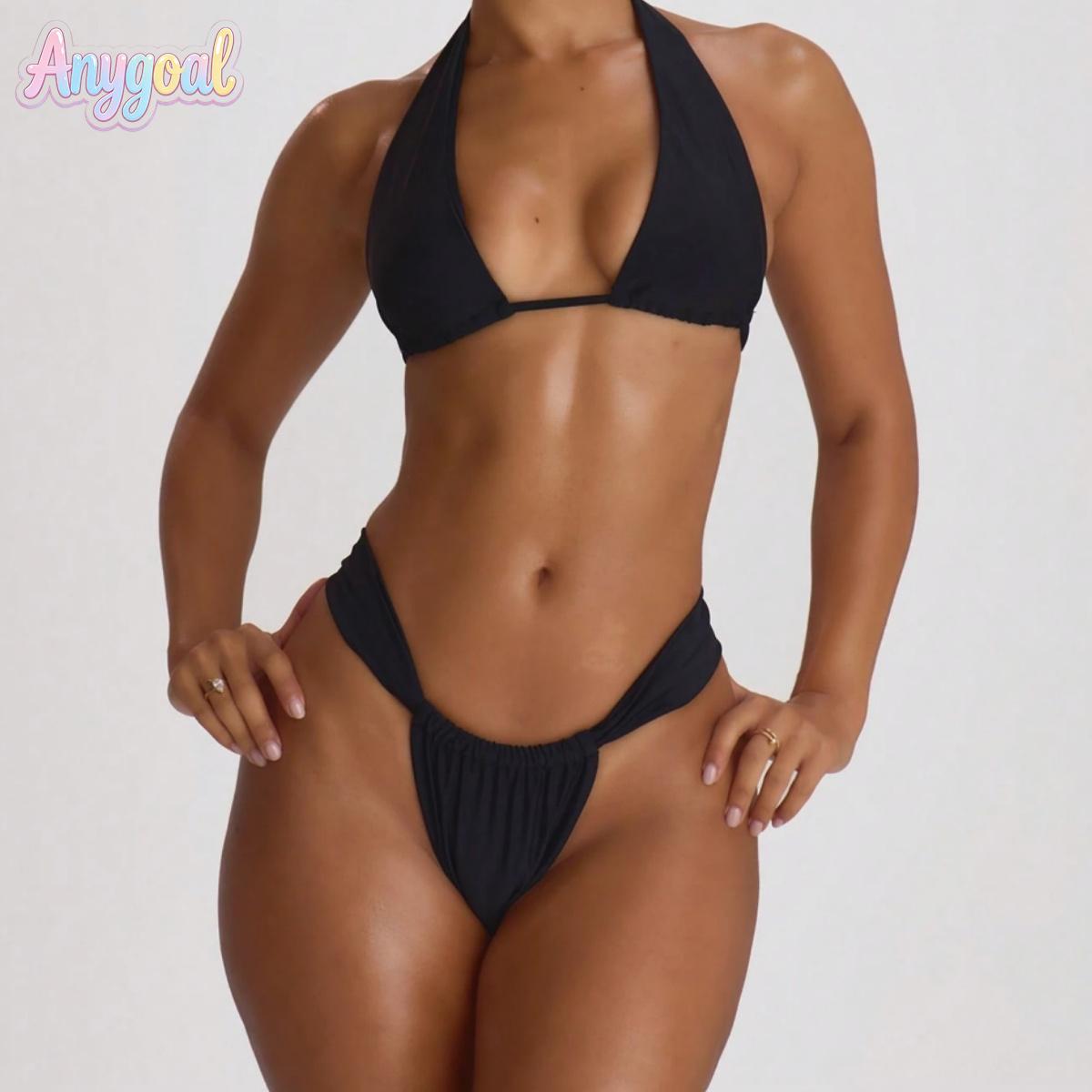 ANYGOAL Summer Beach Women's  Halter Tie Sexy Bikini Set For Vacation Women's Bikini Set Two Piece  Women Solid Color  Swimsuit Set For Summer Beach Vacation, Two Piece Swimwear