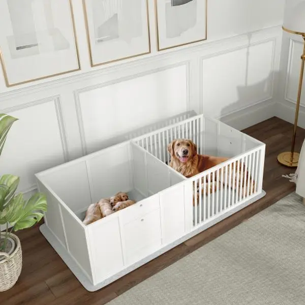 Large Whelping Box – Adjustable Door Dog Whelping Pen with Waterproof Pee Pad – 65" x 31.5" for Small/Medium/Large Breeds