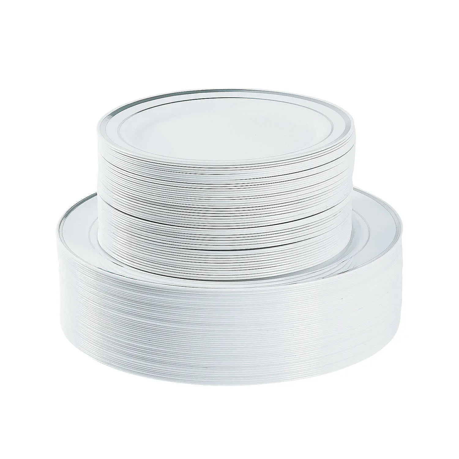 Bulk  100 Ct. Premium White Plastic Plates with Silver Trim