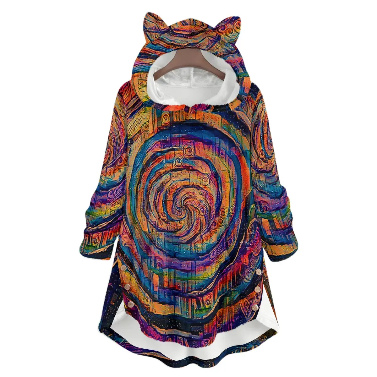 Galactic Rainbow Whirlpool Women's Flannel Hoodie with Cat Ears