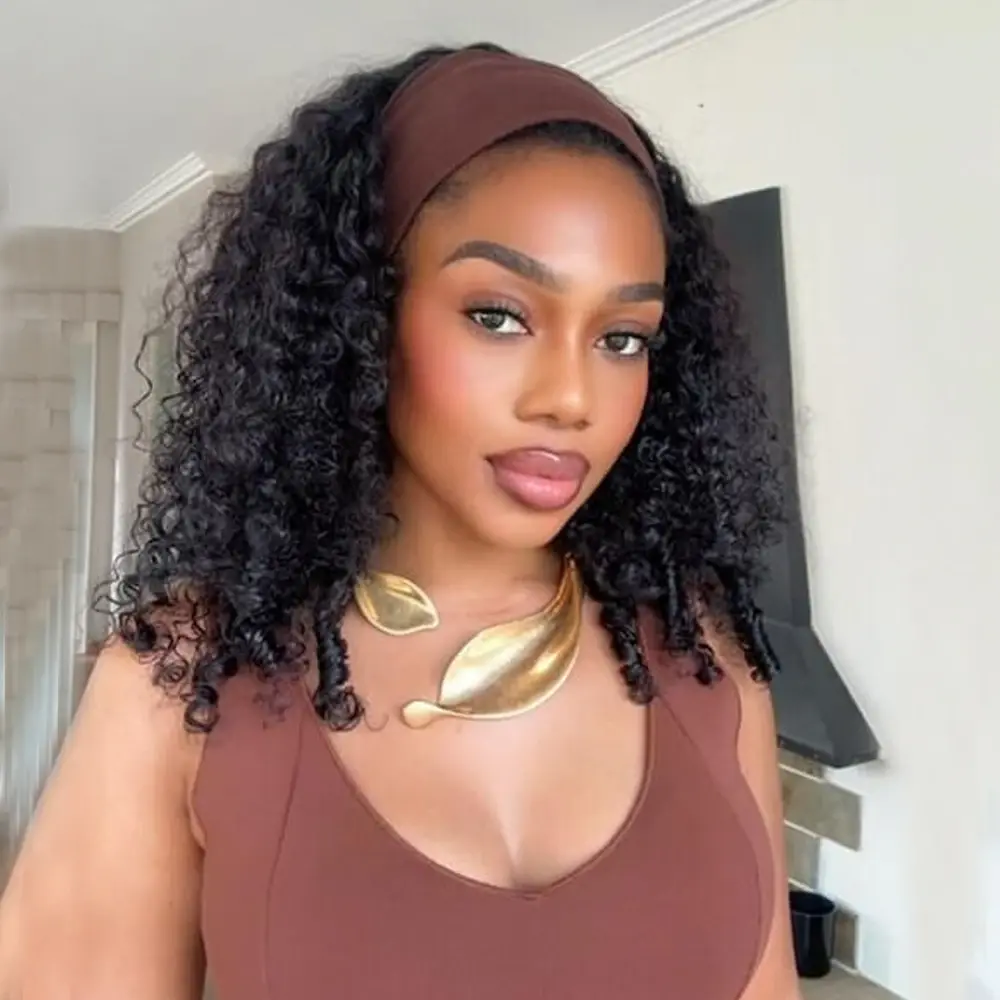 MYLOCKME 180 Density Burmese Curly Headband Wig Human Hair Easy To Wear Curly Glueless Wigs For Women Full Machine Made Wigs Natural Black Hair