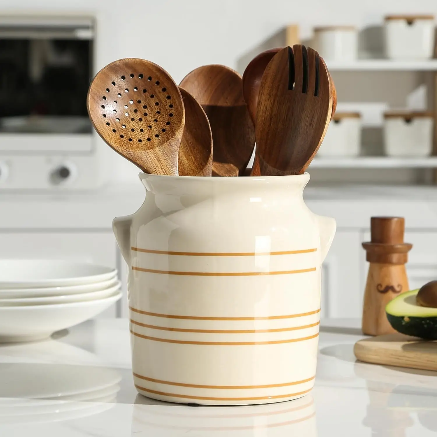 Rustic Ceramic Farmhouse Countertop Kitchen Utensil Holder Crock Fits Kitchen Counter, Size 6*6.8*6.7 IN
