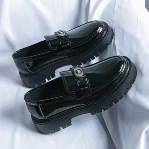 Men'S Black Soft Patent Platform Chunky Heel Loafers Fashion Tassel Business Casual Formal Work Shoes Non-Lug Sole-On Penny Loafers Wedge Footwear