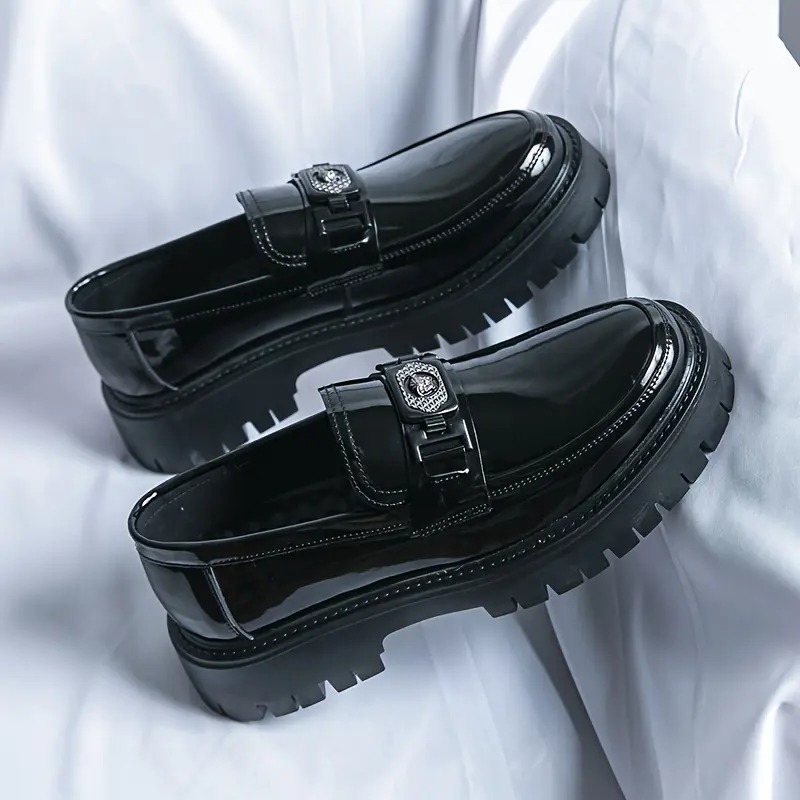 Men'S Black Soft Patent Platform Chunky Heel Loafers Fashion Tassel Business Casual Formal Work Shoes Nonug Sole-On Penny Loafers Wedge Footwear