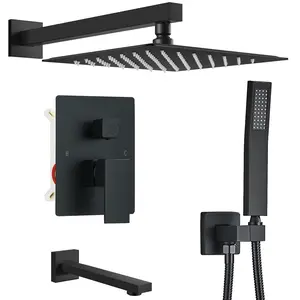 Shower System with Tub Spout, Matte Black Bathtub Shower Faucet Set with High Pressure 12 Inch Rain Shower Head and Handheld Shower Head Set, Matte Black (Valve Include）