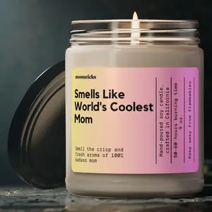 Smells Like World's Coolest Mom Soy Wax Candle - 50-60 Hours Burn Time, 100% Cotton Wick, Reusable Glass Jar, Eco-Friendly Vegan Formula, 9 Scent Options