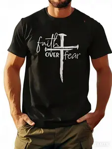 Plus-size inspirational T-shirt with "Faith Over Fear" design - 100% cotton, round neck, black, positive energy style, men's gift - clothing suitable for big and tall men