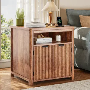 Raybee Fluted Wood Nightstand with Charging Stations for Bedroom, 23.6" Wide End Table with Storage Cabinet, Luxury Side Tables, Mid Century Modern Farmhouse End Tables for Office, Gustroom, Natural Oak
