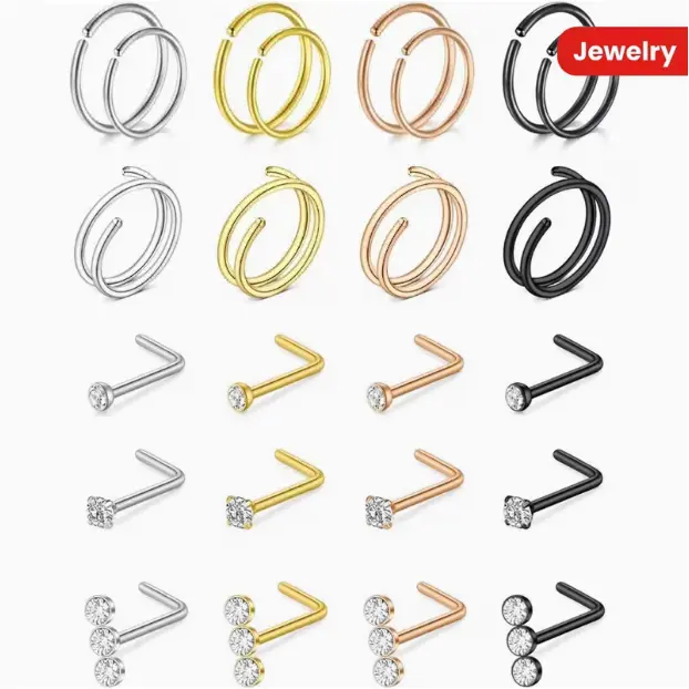 24pcs Stainless Steel Nose Ring Set, Fashionable L-shaped Nose Ring, Monochrome Minimalist Style, Screw Nose Ring Nose Nail Jewelry, Perforated Nasal Septum, Lip Ring, Daily Party Accessories