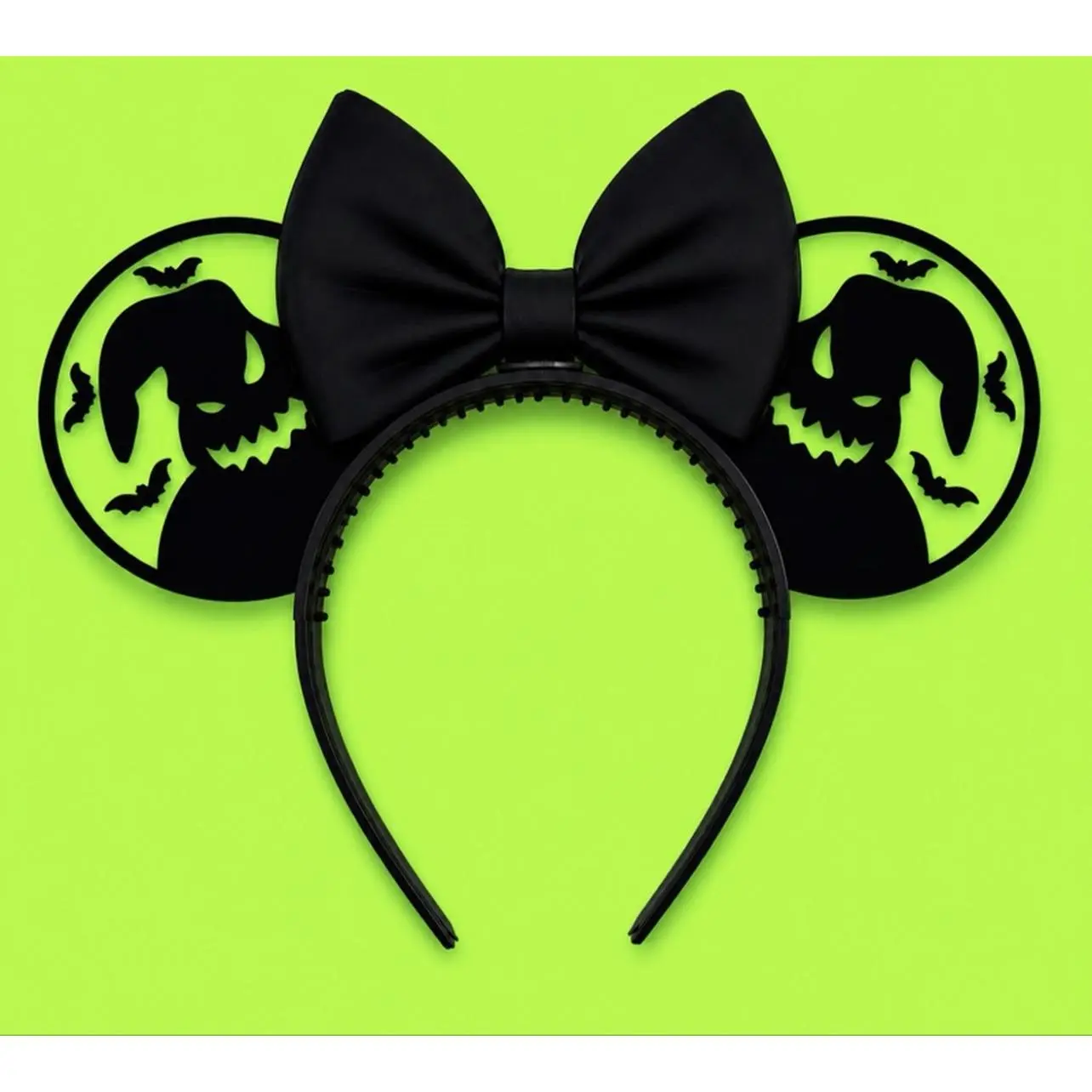 3D Printed Neon Green and Black Halloween Headband with Bat and Pumpkin Design