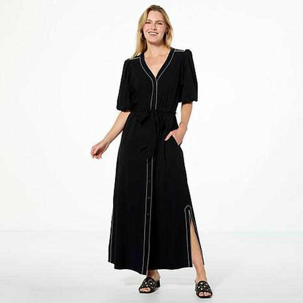 G by Giuliana Woven Embroidered Puff-Sleeve Midi Dress
