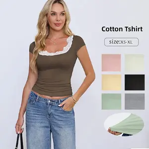 Women's Lace Trim Tops Y2K Square Neck Short Sleeve Slim Fit Cropped T Shirt Summer Casual Going Out Top Blouse SwimWeek summervibes