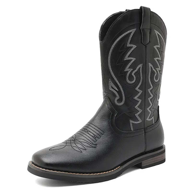CYUW men’s retro Western cowboy high-top boots with a square toe and chunky heel, featuring classic color-contrast embroidery—stylish footwear suitable for denim gatherings, concerts, and everyday streetwear looks.