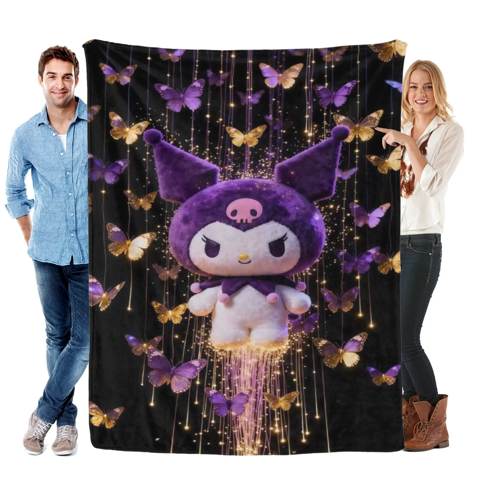 Sanrio Dark Background Glowing Butterfly Kuromi Blanket, Soft Flannel Kuromi Throw Blanket,Kuromi Aesthetic Blanket For Dark Kawaii Room