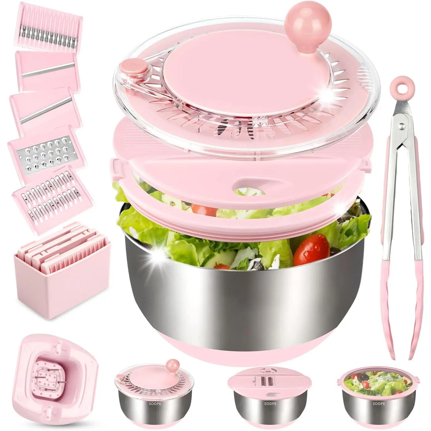 Blush Pink 5.3Qt Auto-Spinning Stainless Steel Salad Spinner - 3-in-1 Kitchen Utensil with 5-Blade Slicer, Lettuce Washer-Dryer, Vegetable Fruit Chopper Bowl, Egg Yolk Strainer for Daily Use & Meal Prep