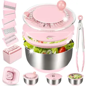 Blush Pink 5.3Qt Auto-Spinning Salad Spinner - Stainless Steel Kitchen Utensil with 3-in-1 Functionality: 5-Blade Slicer, Lettuce Washer-Dryer, Vegetable Fruit Chopper Bowl, Egg Yolk Strainer for Daily Use & Meal Prep, Auto-Spinning Salad Spinners