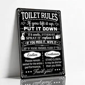 Funny Metal Wall Art for Bathroom, Toilet Rules Etiquette Sign in English Language, Versatile Mounting Metal Decor Suitable for Home Bar, 1 Piece