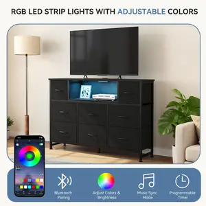 TV Stand with LED Lights and Power Outlet, 8 Drawer Fabric Dresser TV Cabinet with USB Type C Charging Station for Bedroom Living Room