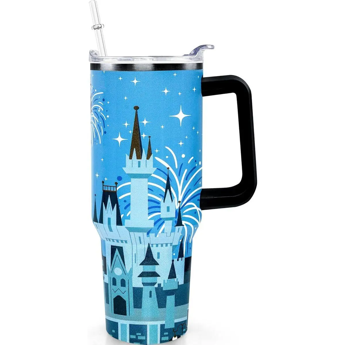 40 Oz Skinny Slim Reusable Printed Stainless Steel Leak-Proof Insulated Water Bottle Tumbler - Classic Stylish Cartoon Castle Design, Lid, Straw, Handle, Portable Blue Firework, Kitchenware Drinkware, Adults' Birthday Gift