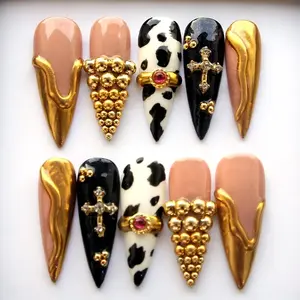 Super 3D Chrome Gold Chrome Press On Nails Black White Cow Print Cross Charm